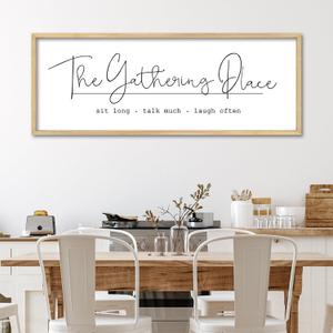 YWJKWLGS The Gathering Place Wall Art Decor Sign Wall Decor 32x12 Inch Modern Calligraphy Minimalist Wooden Hanging Plaque for Dining Room Kitchen Living Room Large Rustic Framed (Wood)