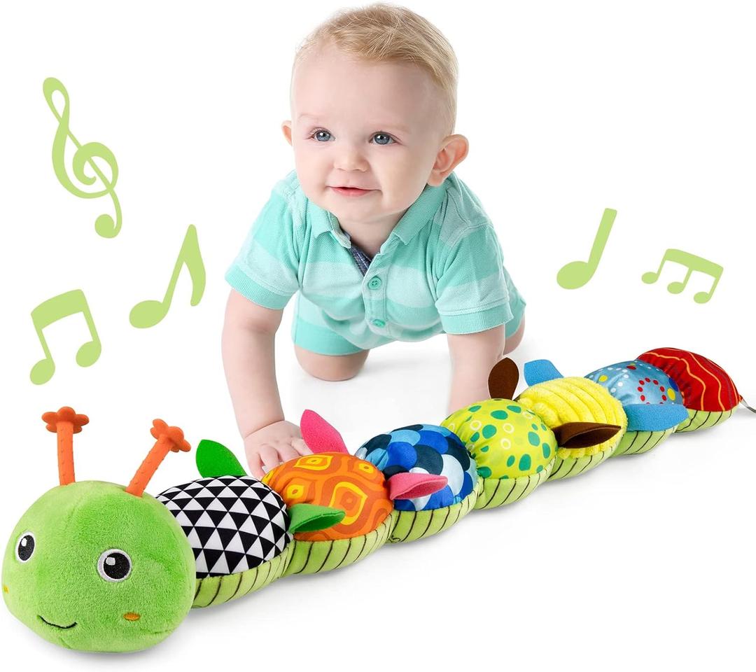 LIGHTDESIRE Baby Toys Musical Caterpillar,Infant Toys Stuffed Animals with Ruler Design,Mirror,Pull String&Ring Bell,Baby Teething Toys for Tummy Time Toy Newborn Gift 3 6 12 Months(Green,Leafy Limb)