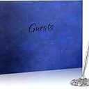 Leather Guest Book and Pen Stand Set, 10.5" x 8" Embossed Guests Sign in Book Registry Book for Funeral, Wedding Reception, Vacation Homes and Events, 80 Sheets (Blue)