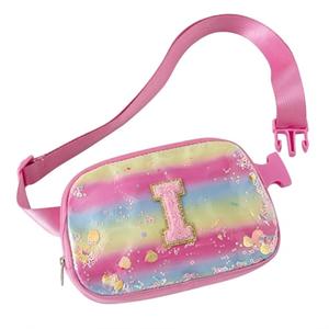 Fanny Pack for Girls,Birthday Easter Gifts,Chenille Initial Letter Girls Crossbody Bag,Preppy Teen Belt Bag for Graduation Travel Gifts,Cute Sequin Trendy Stuff. (Rose Red-I)