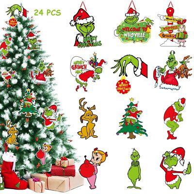 Griinch Ornaments for Christmas Tree Wood, Double-Sided Printing 24 Pcs Christmas Tree Decorations Hanging Ornaments for Tree Home Indoor Outdoor Decorations