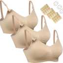 HOFISH Women's Seamless Nursing Maternity Bra Push Up Comfort Sleep Bralette 3PCS/ Pack, Beige XL