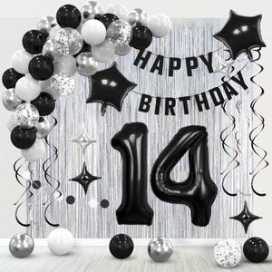 14th Birthday Decorations for Boys Girls, Silvery and Black Happy 14th Birthday Banner ,Number 14 Balloons Arch Kit for 14 year old Birthday Party Decorations.