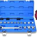 Yuesstloo 15pcs Universal Ratcheting Serpentine Belt Tool Set, Serpentine Belt Removal Installation Tensioner Kit with Ratcheting Wrench, Crowfoot Wrenches, Socket Adapters, 6-Point Sockets, Blue Case