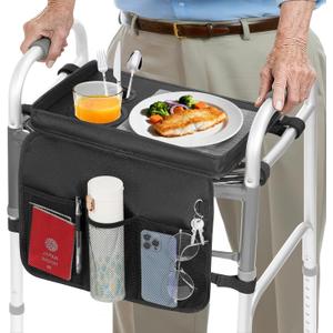 Rhino Valley Walker Tray for Folding Walker, Tray for Walkers with Non-Slip Mat for Food, 3 Front Pockets & 2 Cup Holders, Fits Most Standard Folding Walkers, Walker Accessories for Senior, Black