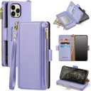 Antsturdy Compatible with iPhone 11 Pro Max Wallet Case,RFID Blocking PU Leather Phone Case Women Men flip Shockproof Cover Wrist Strap Zipper Credit Card Holder Slots,for Apple 11 ProMax,Light Purple