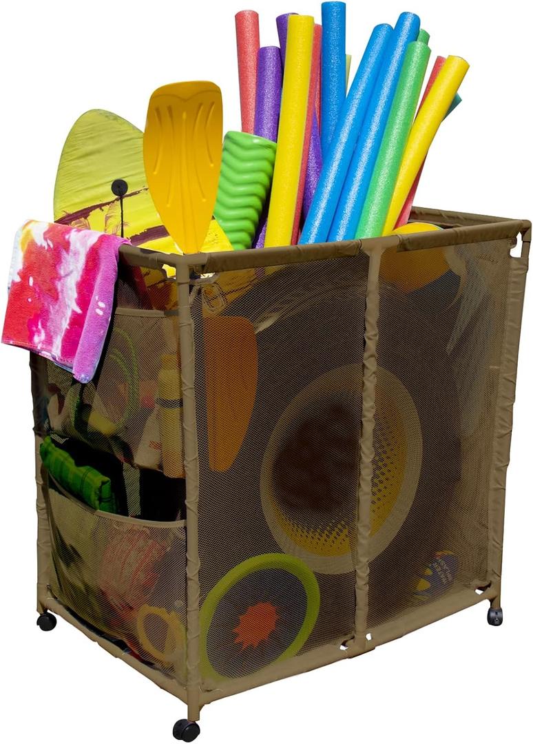 Modern Blue Pool Storage Bin - Extra Large | Perfect Contemporary Nylon Mesh Basket Organizer For Goggles, Beach Balls, Floats, Swim Toys & Accessories | Air Dry Items Quickly & Easily, Brown
