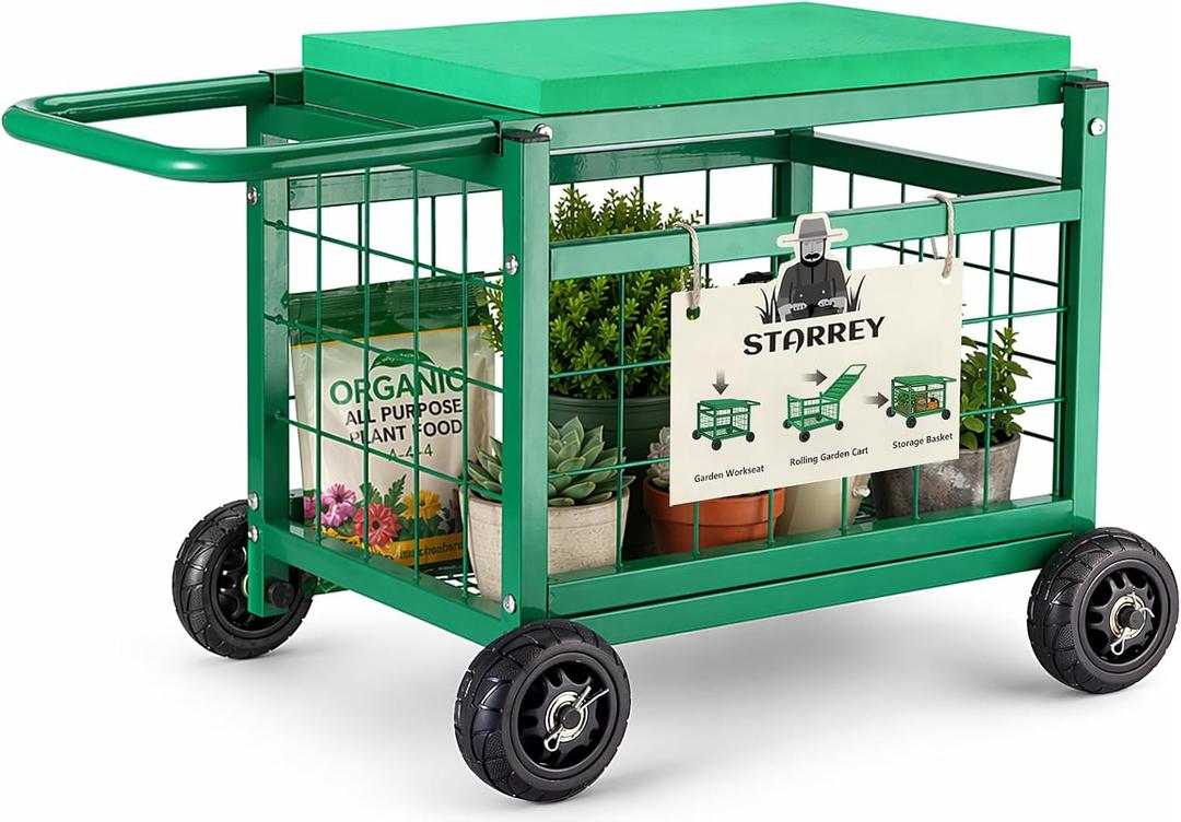 Garden Seat with Wheels, Rolling Garden Stool Heavy Duty Gardening Cart with Seat and 20 Quart Storage Space Use for Patio, Yard, and Outdoors, Medium