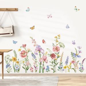 decalmile Spring Garden Flower Wall Stickers Wildflower Iris Butterflies Wall Decals Living Room Girls Bedroom Baby Nursery Wall Decor