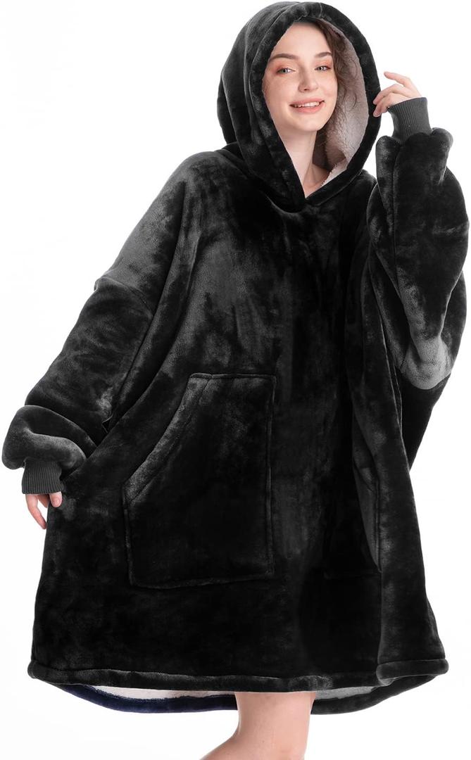 Aemicion Wearable Blanket Hoodie for Adults - Black Oversized Sherpa Fleece Blanket with Sleeves and Pocket, Cozy Gift for Men and Women, Home Office Couch Use