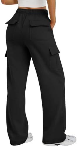 Trendy Queen Women's Cargo Sweatpants, Wide Leg Workwear Pants with Pockets & Elastic Waist, Casual Joggers for Travel XS