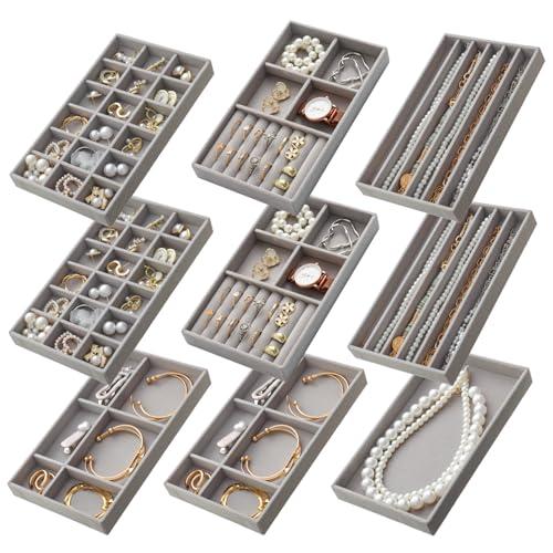 Stackable Jewelry Organizer Trays Set of 9, Small Velvet Jewelry Organizers Earring Necklace Ring Bracelet Display Case Storage for Drawer Dresser (Grey)