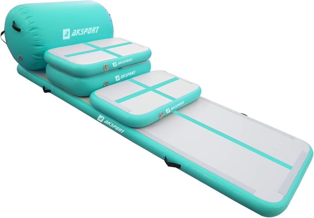 AKSPORT 5pcs Set of Inflatable Gymnastics Air Mat Tumble Track Tumbling Mat Floor Mats with Electric Air Pump for Home Use/Training/Cheerleading/Beach/Park and Water (Mint Green-5pcs)