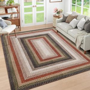 RUGSREAL Braided Washable Area Rug 8x10 Large Rug for Living Room Modern Braid Bedroom Rug Non Slip Stain Resistant Dining Room Throw Carpet Soft Farmhouse Accent Carpet for Home Decor, Crimson/Earthy