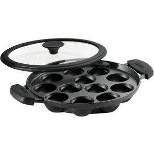 Tramontina Utsava Pre-Seasoned Cast Iron Appam Pan, 12-Hole Appe Pan with Lid, Great for Paniyaram, Takoyaki and more