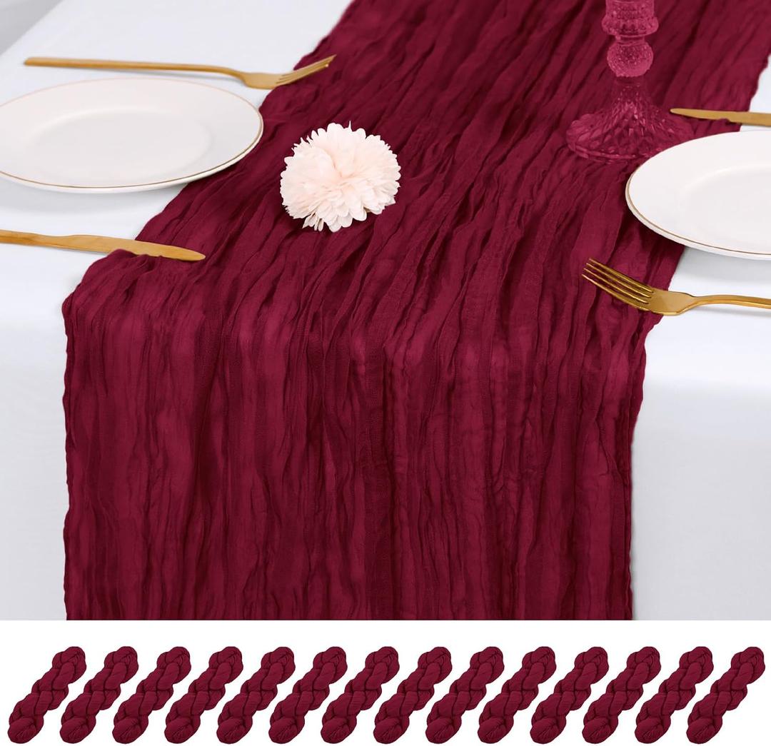 14 Pack Burgundy Cheesecloth Table Runner 17x108 Inch Semi Sheer Boho Gauze Cheese Cloth Fabric Table Runners, for Wedding Party Baby Shower Birthday Home Decor Garden Farmhouse