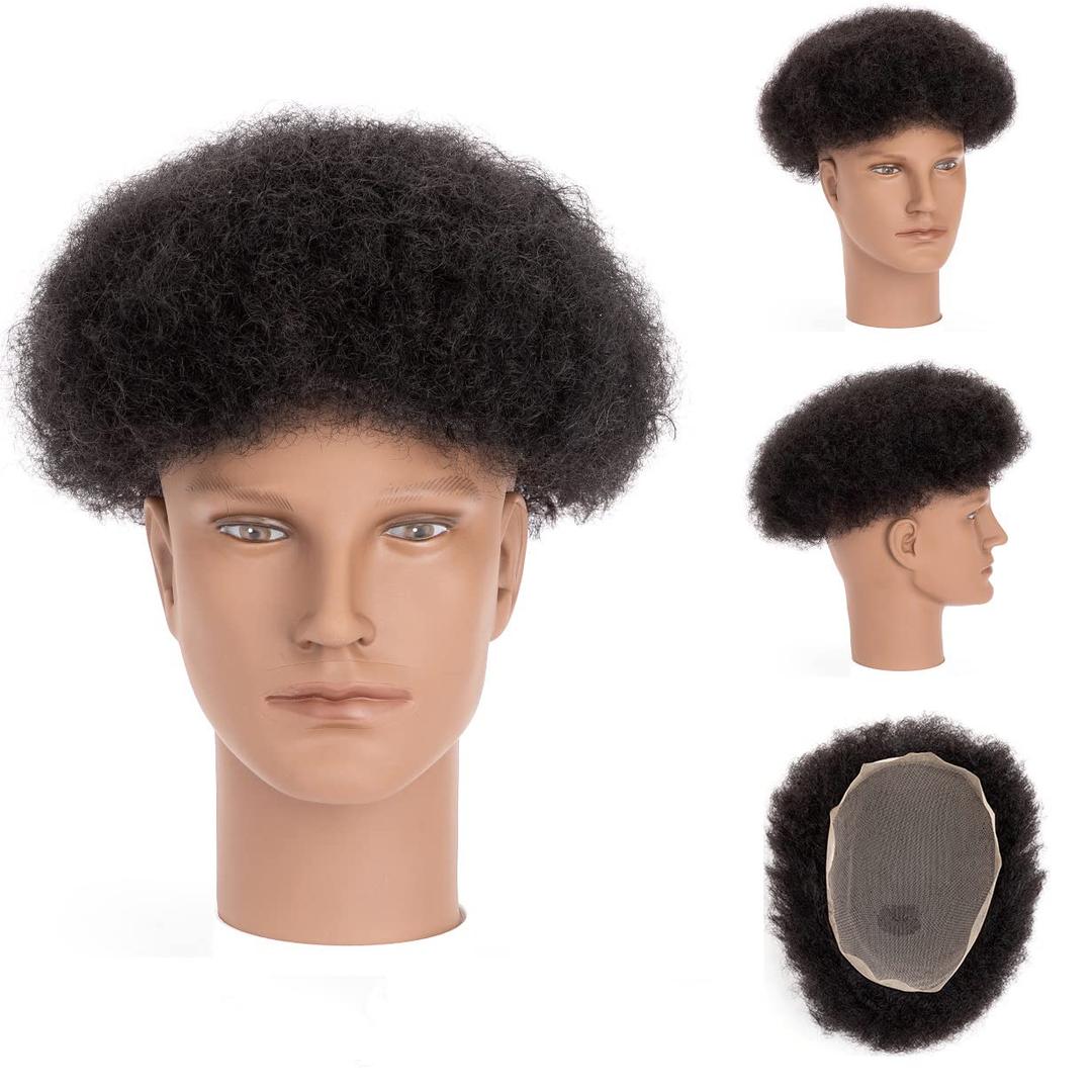 Originea DAIXI 8x10 Inches Lace Base 4mm Curl Afro Curly Toupee for Men 100% Afro Human Hair Base Unit Breathable Lace Natural Hairline Hair African American Men's Hair Replacement System