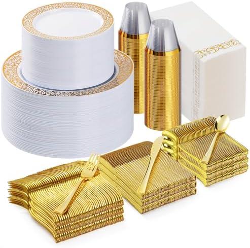 Bestluck 700PCS Gold Plastic Dinnerware Set for 100 Guests, Disposable Plates for Party, Include 100 Gold Dinner Plates, 100 Dessert Plates, 100 Set Silverware, 100 Cups, 100 Napkins
