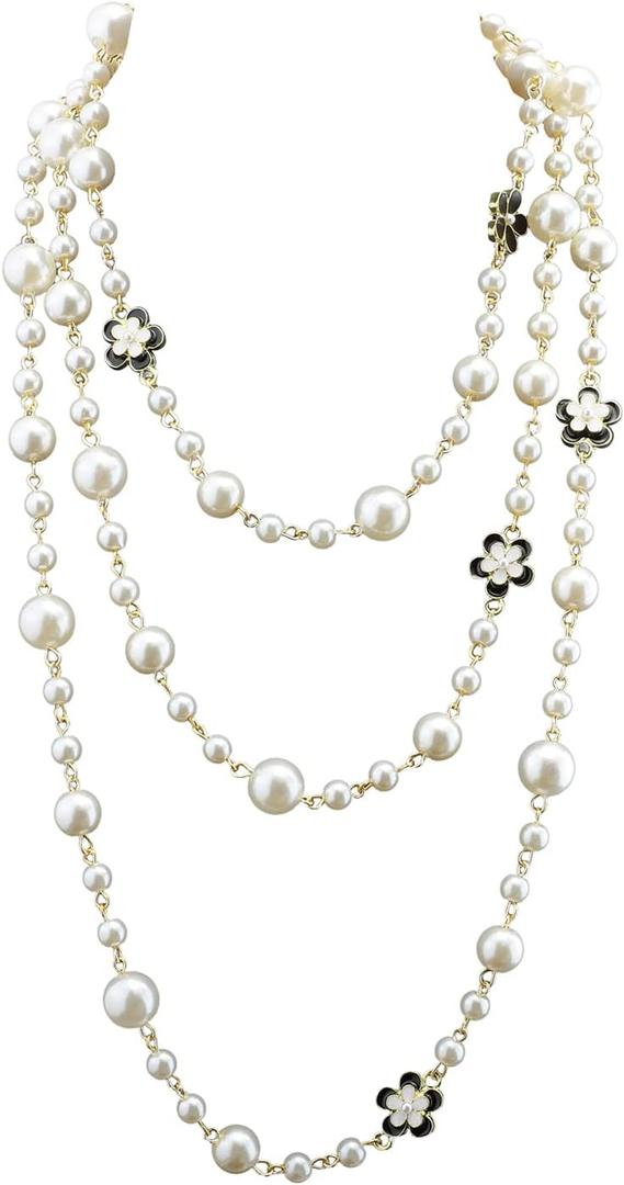 Fashion Design Chic Long Imitation Pearl Clover Flower Strand Necklace for Women