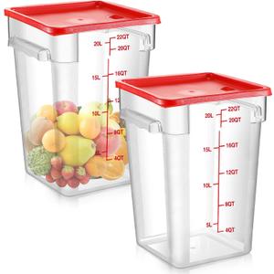 Suclain 2 Pcs Square Food Storage Container Polycarbonate Clear Food Container with Lid Commercial Rice Storage with Graduations for Commercial Kitchen(22 Qt,Red)