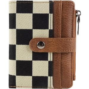 Women's RFID Blocking PU Leather Bifold Wallet-Compact Design with 8 Card Slots,ID Window,Snap Button Closure|Stylish Checkered Pattern,Multiple Colors|Secure&Functional for Daily Use(Checkered brown)