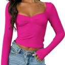 ForeFair Women's Sexy Long Sleeve Going Out Tops Pleated Bustier Shirt Cute Sweetheart Neck Y2K Cropped Top (A Hot Pink)