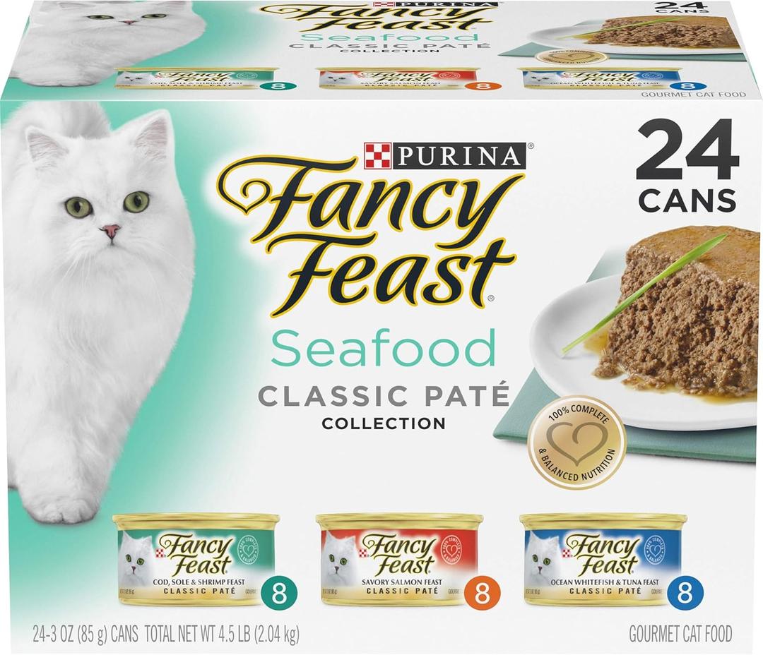 Purina Fancy Feast Seafood Classic Pate Collection Grain Free Wet Cat Food Variety Pack - (Pack of 24) 3 oz. Cans (EXP 09/01/27)