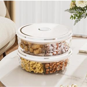 2 Pack Divided Serving Tray with Push-on Lid, 5 Compartments Round Plastic Food Storage Organizer, Snack Tray for Portable Snack Platters, Clear Organizer for Candy, Fruits, Nuts