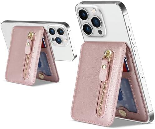Cavor Compatible with Apple Magsafe Wallet with Adjustable Stand, Magnetic Wallet for iPhone 17/ 16 Pro Max/ 15/ 14 Plus/ 13/ 12 Magsafe Phone Card Holder Zipper Pocket-Pink