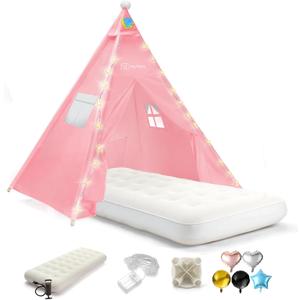 Teepee Tent for Kids with Inflatable Airbed, String Lights, Balloons, Pump, Washable Slumber Party Tent Indoor Outdoor for Girls Boys, Children Tipi Playhouse for Playtime and Sleepover (1 Pack, Pink)