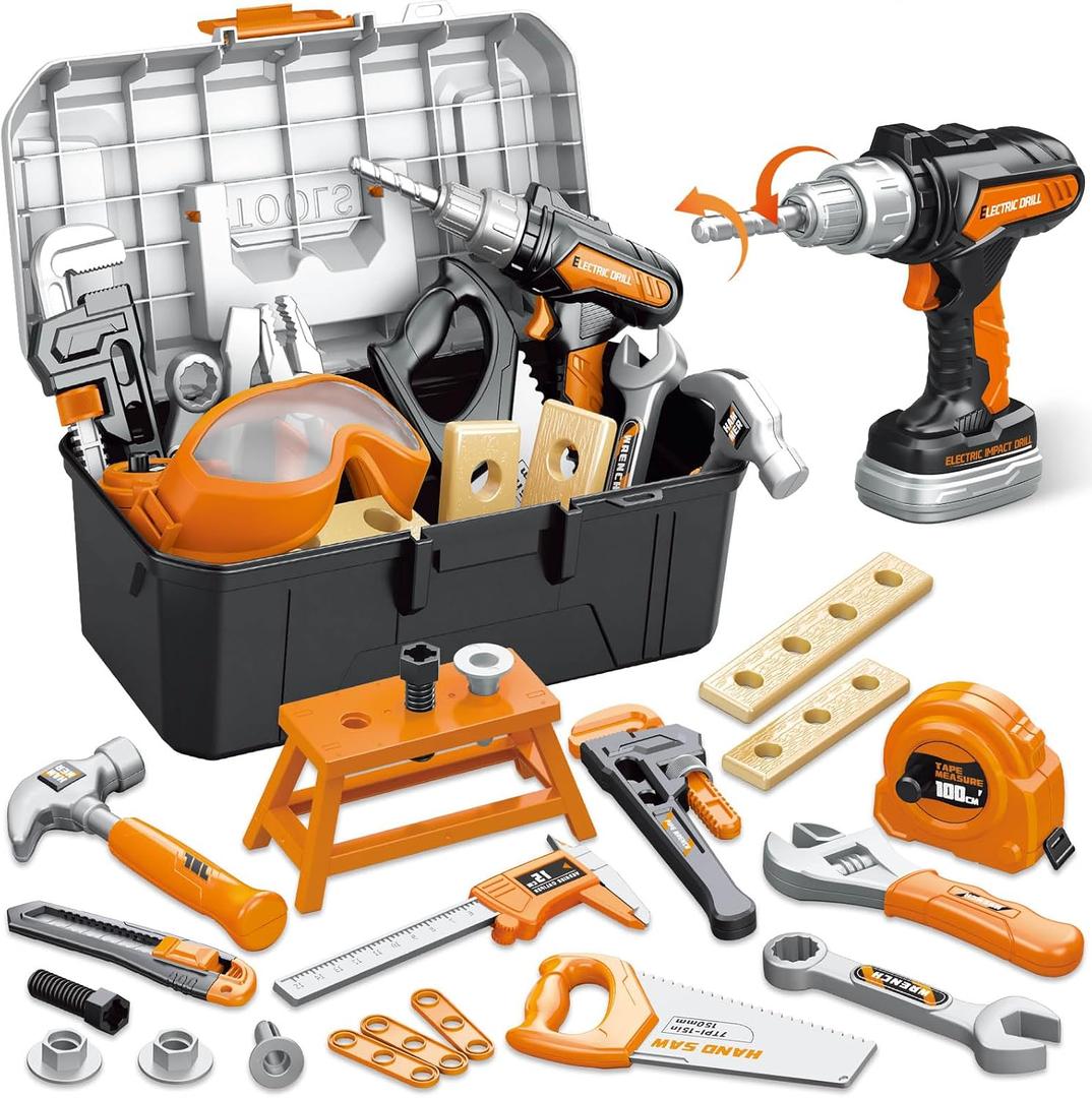 OCHIDO 46PCS Kids Tool Set with Portable Tool Box & Electronic Toy Drill, Toddler Tool Set,Tool Play Toys Construction Tools for Kids, Christmas & Birthday Gifts for Boys Ages 3 4 5 6