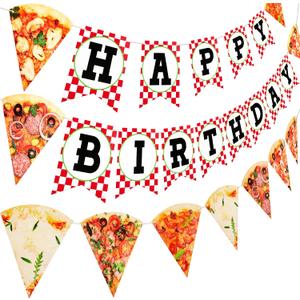 Containlol 3 Pieces Pizza Party Decorations Pizza Banner Garland Supplies Happy Birthday Pennant Banner for Birthday Party Pre Assembled Hanging Decoration