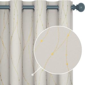 Deconovo Blackout Curtains 2 Panels for Bedroom and Living Room, Gold Foil Wave Lines and Dots, Thermal Insulated Room Darkening Grommet Window Drapes for Nursery and Kids Room, Beige, 52W x 72L Inch