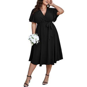 SCOMCHIC Womens Plus Size Wedding Guest Cocktail Midi Dress Summer Short Sleeve Wrap V Neck Belted A-Line Flowy Dress 1XL