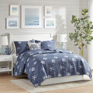 Harbor House Seaside Reversible Cotton Quilt Set Coastal Clam, Starfish, Coral Embroidery, All Season, Pre-Washed Coverlet Bedding Layer, Decorative Pillow, Full/Queen(90"x90") Navy 4 Piece