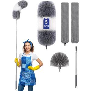 Extra-Long Dusters Kits with Extension Pole, 5 in 1 Cleaning Tools with Extendable Long Handle, Cobweb Duster, Microfiber Dusting Clothes for Gap, High Ceilings and Fans, Blinds, Cars and Furniture