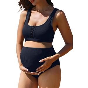 Summer Mae Maternity Ribbed High Waist Swimsuit Crop Top Bikini Bathing Suit High Cut Two Piece Pregnancy Swimwear (XX-Large, Navy)