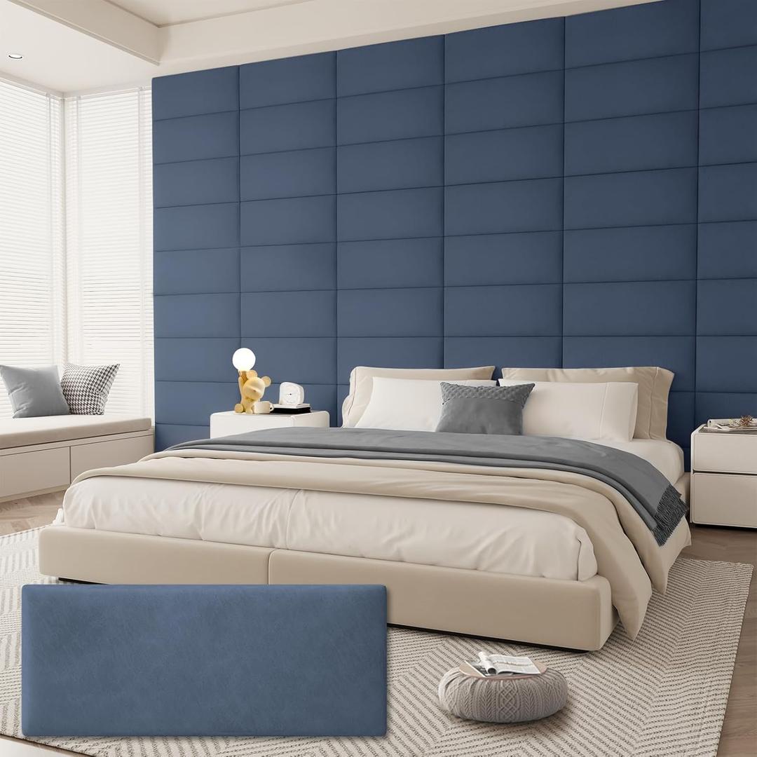 Upholstered Headboard for Full Twin Size Bed, Wall Mounted & Peel and Stick Headboard, Soundproof DIY Wall Panels, Leather Head Board in Modern Design for Bedroom (6 Panels, Each 23.62"x9.84" (Dark Blue-leather)
