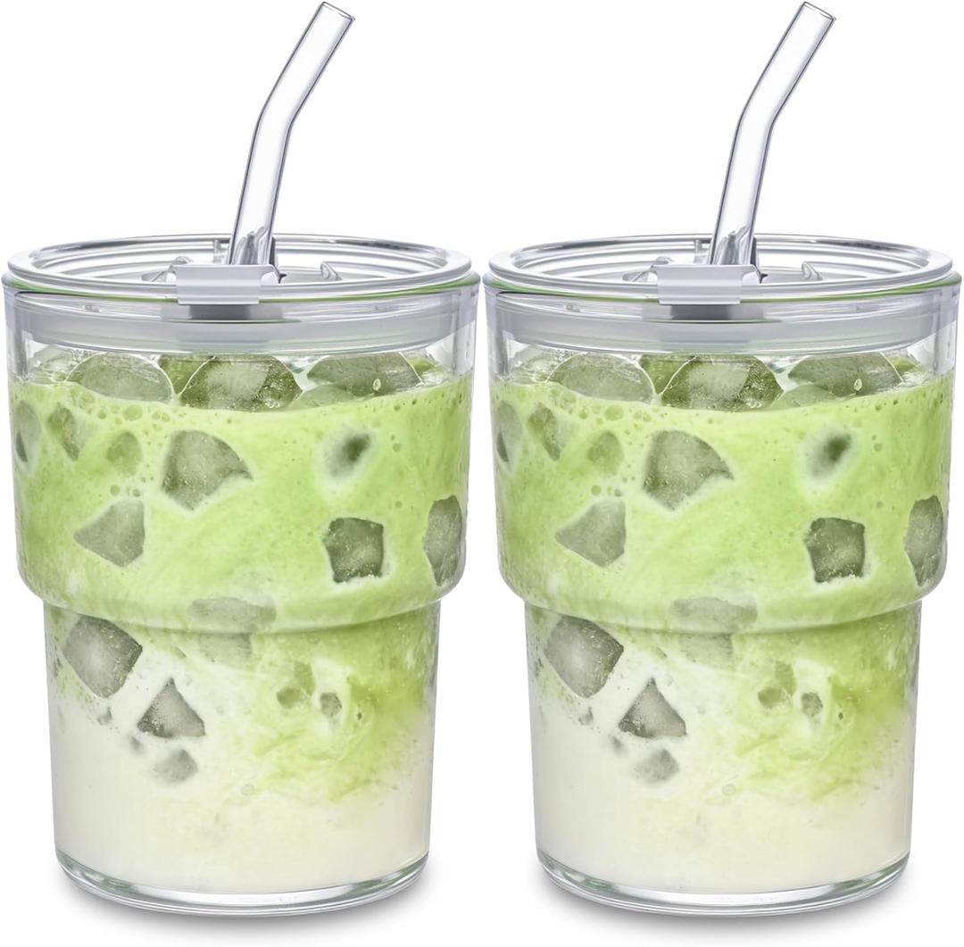 13oz Glass Tumbler with Straw and Lid, Leak Proof Iced Coffee Cup, Thick Wall BPA Free Drinking Glass Water Cups for Iced Coffee, Matcha, Smoothie and Travel-(Clear-2pack)