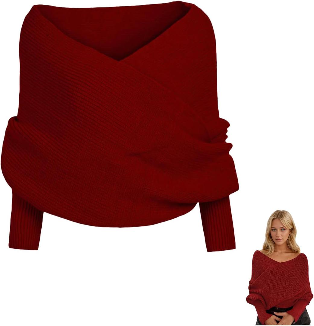 Knitted Scarf with Sleeves for Women Multifunctional Shrugs Sweater Wrap Fall Winter Fashion Crochet Cape Shawl (Red, M)