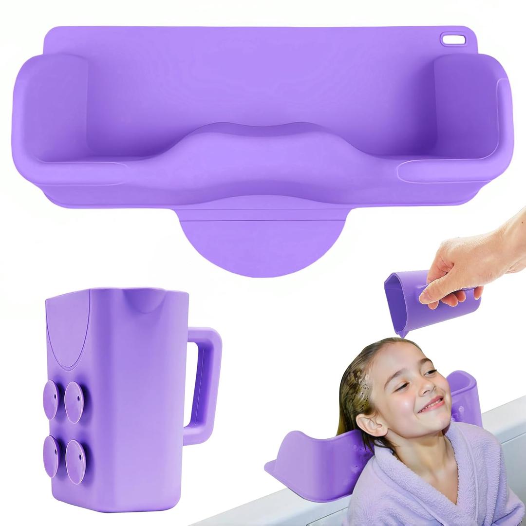 Portable Hair Washing Station for Kids, Toddlers, Children, Teens, Silicone Hair Washing Basin for Sink or Bathtub, Tear-Free Shampoo Bowl with Rinser Cup, Neck Support for Kids, Purple