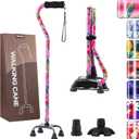 Walking Cane for Women & Men, Folding Offset Quad Cane with 4 Pronged Base for Extra Stability and Balance, Adjustable Aluminum Walking Stick for Seniors (Powder flower)