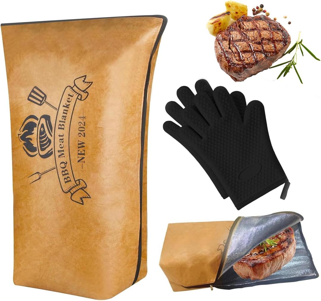 BBQ Blanket for Resting Meat - 18in Insulated Smoker Bag Wide Mouth for Large Brisket/Turkey/Pork, Leak-Proof & Portable - Reusable Smoker Grilling Accessories and Grilling Gloves