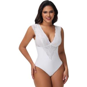SHAPERIN Sexy Lace Bodysuit for Women Tummy Control Thong Shapewear Deep V Neck Body Suits Corset Tops Going Out Tank Top (White, L)