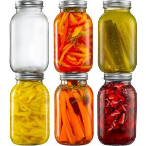 [6 Pack] 32 oz. Regular-Mouth Glass Mason Jars - with Metal Airtight Lids and Bands 1 quart Large for Canning, Preserving, & Meal Prep