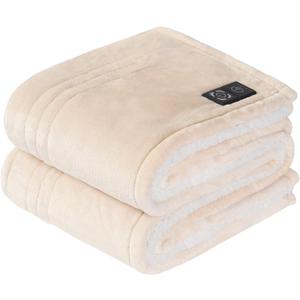 Sealy Heated Blanket Throw with Built-in Button Controller, Reversible Flannel to Sherpa Electric Blanket with 2-10 Hours Auto-Off & 4 Heating Levels, Over-Heat Protection, 50x60 inch, Beige