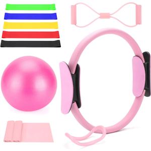 Pilates Ring Kit for Home Workouts, Pilates Equipment Essentials Kit with Magic Circle, Yoga Ring, Resistance Band, Ball, Accessories, Pilates Sets for Women as Fitness Gift (Pink)