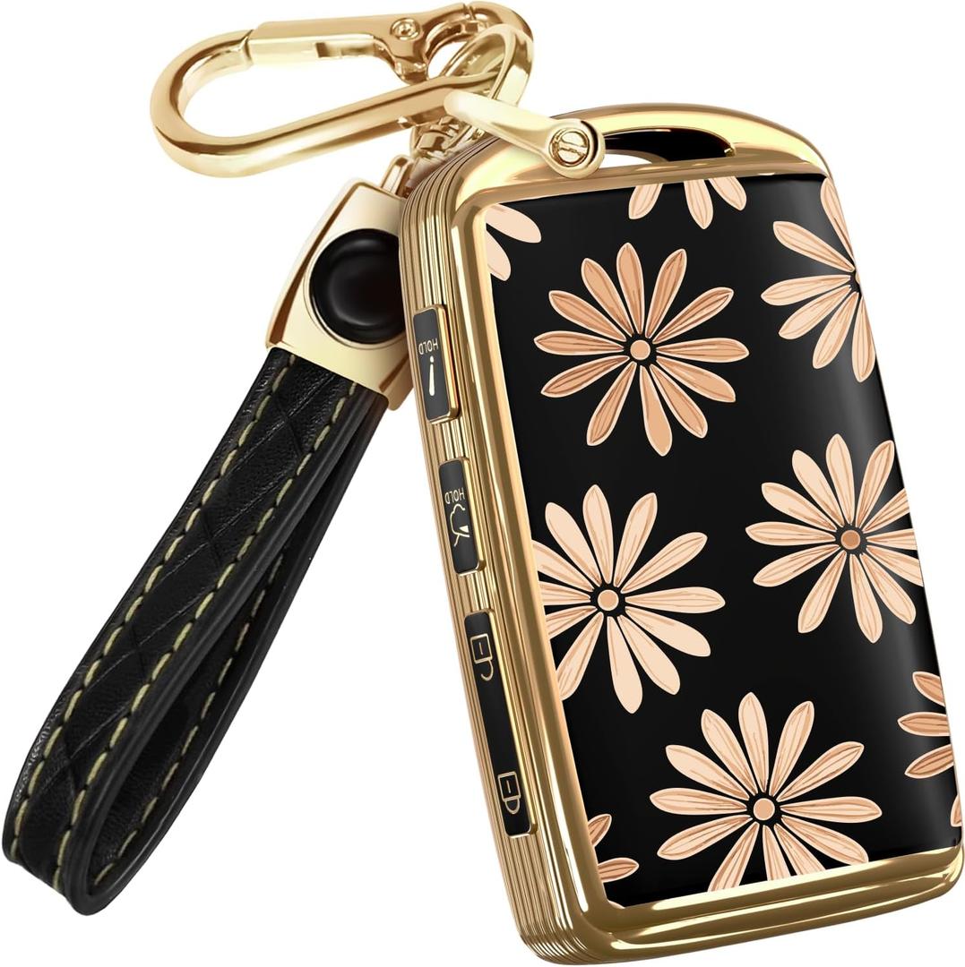 Lucrum Compatible with Mazda Key Fob Cover & Leather Keychain - TPU Case for 3, 6, CX-5 CX-9 CX-30 CX-50 CX-70 (2019-2025) (Flower Vibe)