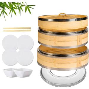 Bamboo Steamer Basket, 2 Tier 10-Inch Steaming Basket Bun Vegetable Steam, Dumpling Steamer with 2 Sauce Dish, 2 Chopsticks,4 Reusable Liners, 1 Ring, Dumpling Steaming bamboo steam baskets