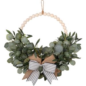 24" Beaded Eucalyptus Wreath with Bow - Boho Eucalyptus Leaves Wreath for Front Door - Spring Wreath, Wood Bead Wreath, Year Round Wreath, Boho Decor, Eucalyptus Decor, Green Home Decor - 24 inches